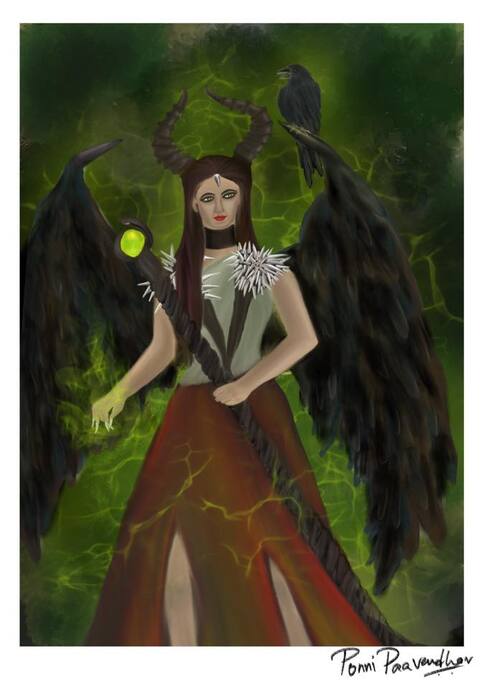 Artwork of a woman who is a reincarnation of the vengeful fairy Maleficent with dazzling eyes. Against the backdrop of the dark forests, she poses with a mysterious staff while her pet raven is perched comfortably on with her dangerous horns.