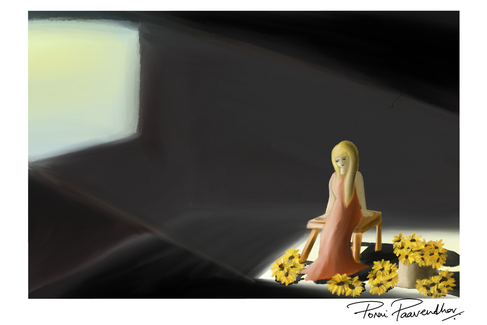 A lone woman sitting by the window basking under the warm morning sun. Next to her, is a sack overflowing with sunflowers. She sits alone dressed in a scarlet gown, head down contemplating life in that ray of light piercing through the dark room.