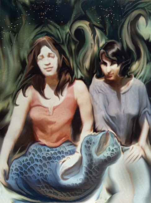 Photo Art showing the artist, Wendy (left) and her friend Antonia (right) sat side by side. Wendy has a blue fish tale for legs. Antonia has a broken wing.