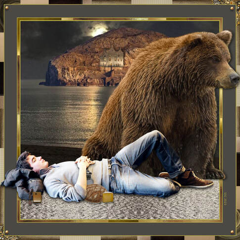 A young man lies asleep on a moonlit beach. Next to him is an old-fashioned hearing aid, silver water bottle, loaf of bread and slab of cheese. A gigantic brown bear sits watch over him. In the distance is a castle on the cliff face of a rocky island. 