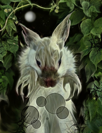 Digital artwork that shows a grey-brown rabbit with long, sharp claws. She appears to be standing upright, framed by an arch of green leaves through which a night’s sky and full moon are visible.