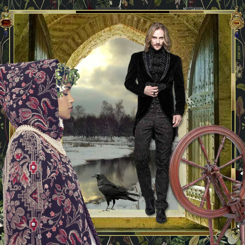 A young woman wearing a cloak and with wreath of flowers in her hair stands in a castle room, her eyes closed. Opposite her is an old-fashioned spinning wheel.  A young man, accompanied by a raven, is stepping through an open door and over the threshold. He’s tall, hot, and wears elegant goth style clothes. Outside, the sun is setting over a winter landscape and frozen river.
