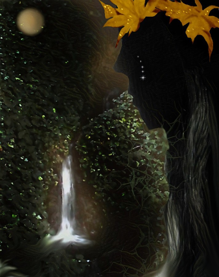 Digital artwork showing the silhouette of a woman with orange autumn leaves in her hair and diamonds of light on her cheek like a tear track. She is standing in the dappled green light of a forest looking towards an opening through which streams a white, glowing light. A full moon hangs in the sky overhead. 